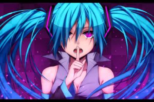 close up, Vocaloid, Hatsune, Miku, Cleavage, Long, Hair, Sparkles, Twintails, Checkered, Open, Mouth, Purple, Eyes, Aqua, Hair, Faces, Detached, Sleeves
