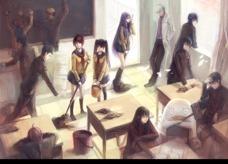 school, Gintama, Daylight, Sakata, Gintoki, Kotaro, Katsura, Shimura, Shinpachi, Tae, Shimura, Kondo, Isao, Toshiro, Hijikata HD Wallpaper Desktop Background