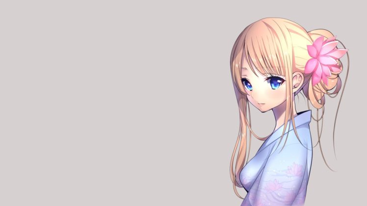 blondes, Blue, Eyes, Japanese, Clothes, Simple, Background, Anime, Girls, Hair, Ornaments, Grey, Background, Original, Characters HD Wallpaper Desktop Background