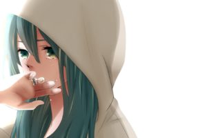 vocaloid, Hatsune, Miku, Tears, Long, Hair, Rings, Green, Eyes, Green, Hair, Hoodies, Jewelry, Crying, Simple, Background, Anime, Girls, White, Background
