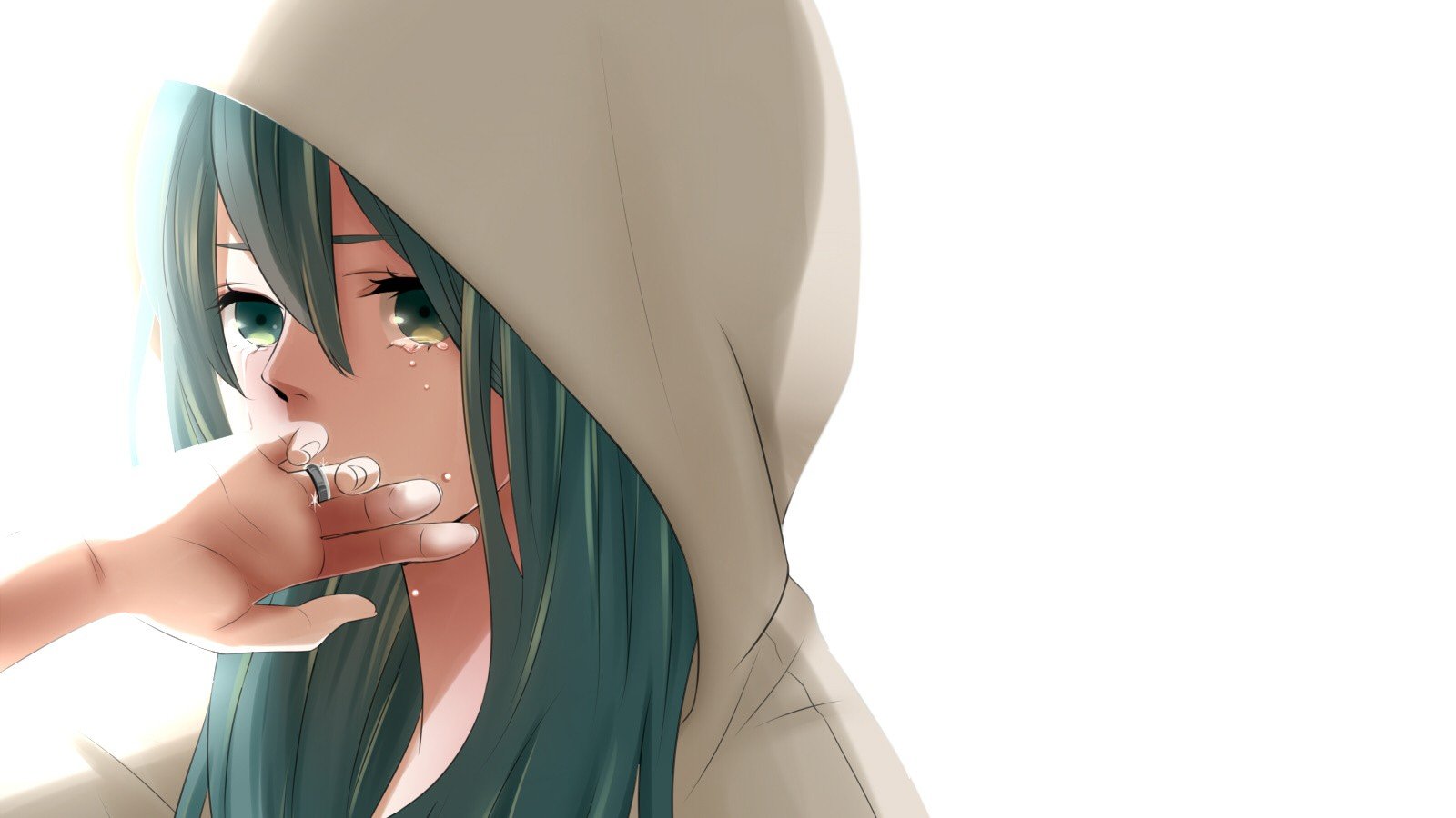 anime girl with brown hair and green eyes crying