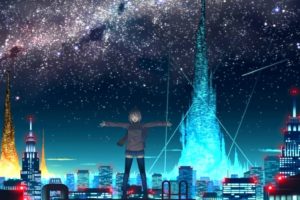 cityscapes, Stars, Futuristic, Skyscrapers, City, Lights, Anime, Original, Characters