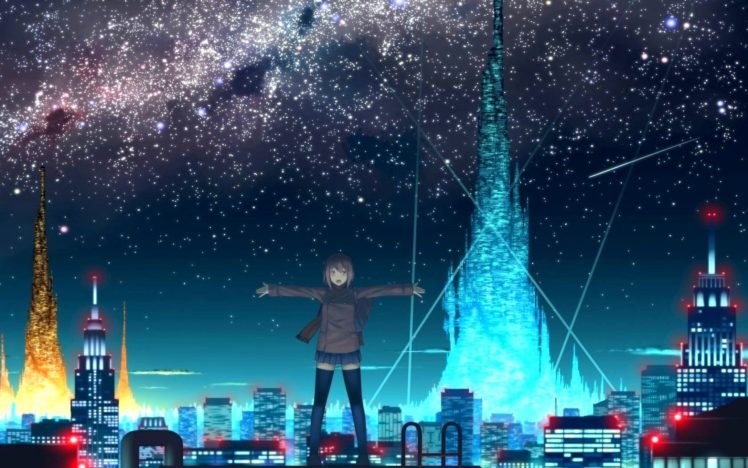 cityscapes, Stars, Futuristic, Skyscrapers, City, Lights, Anime, Original, Characters HD Wallpaper Desktop Background