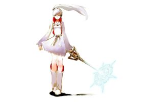 boots, Dress, Long, Hair, Belts, Weapons, Green, Eyes, Necklaces, Jewelry, Ponytails, White, Hair, White, Dress, Simple, Background, Anime, Girls, Swords, White, Background, Bangs, Rwby, Weiss, Schnee
