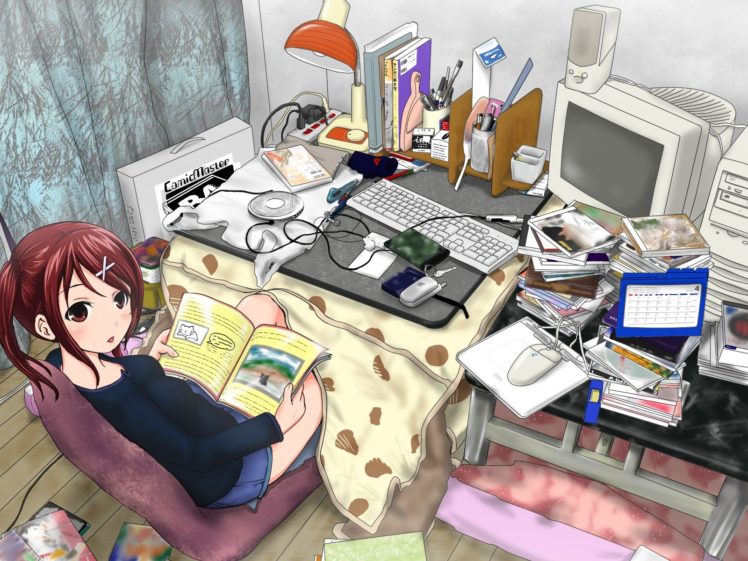 headphones, Computers, Room, Redheads, Keyboards, Skirts, Red, Eyes, Messy, Anime, Anime, Girls HD Wallpaper Desktop Background