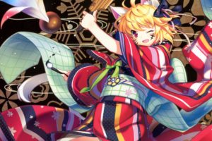 blondes, Ribbons, Kimono, Animal, Ears, Short, Hair, Cat, Ears, Open, Mouth, Hair, Ribbons, Wink, Pink, Eyes, Japanese, Clothes, Anime, Girls, Paint, Brushes, Hair, Ornaments