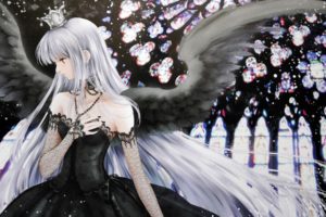 black, Lights, Long, Hair, Gothic, Red, Eyes, Necklaces, Crowns, Gothic, Dress, Angel, Wings, Anime, Girls, Silver, Hair, Black, Nail, Polish, Looking, Away