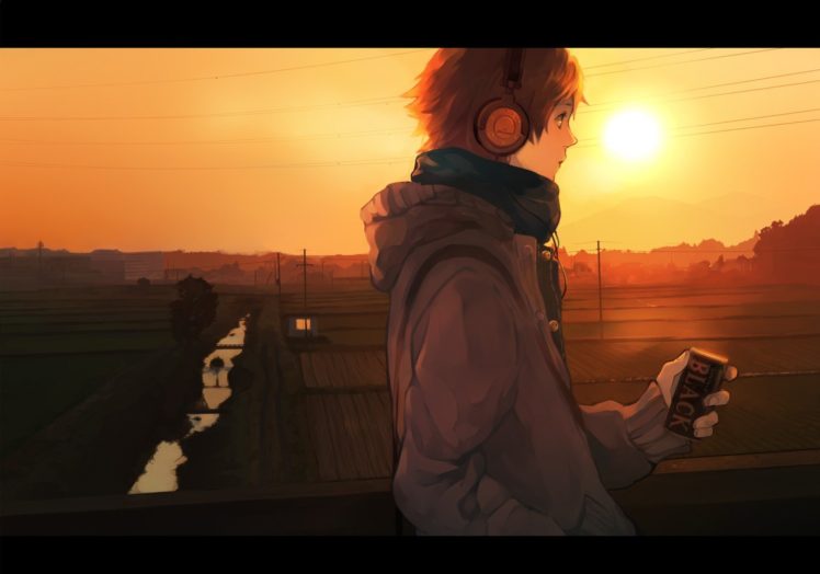 headphones, Sunset, Persona, Series, Short, Hair, Scenic, Persona, 4, Scarfs, Hanamura, Yosuke HD Wallpaper Desktop Background