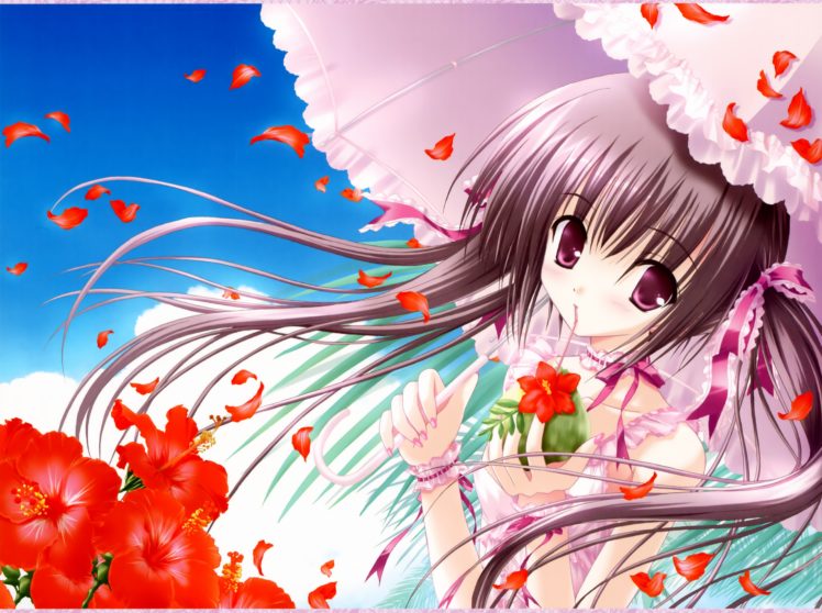 brunettes, Flowers, Ribbons, Anime, Umbrellas, Pink, Eyes, Flower, Petals, Tinkle, Illustrations, Anime, Girls HD Wallpaper Desktop Background