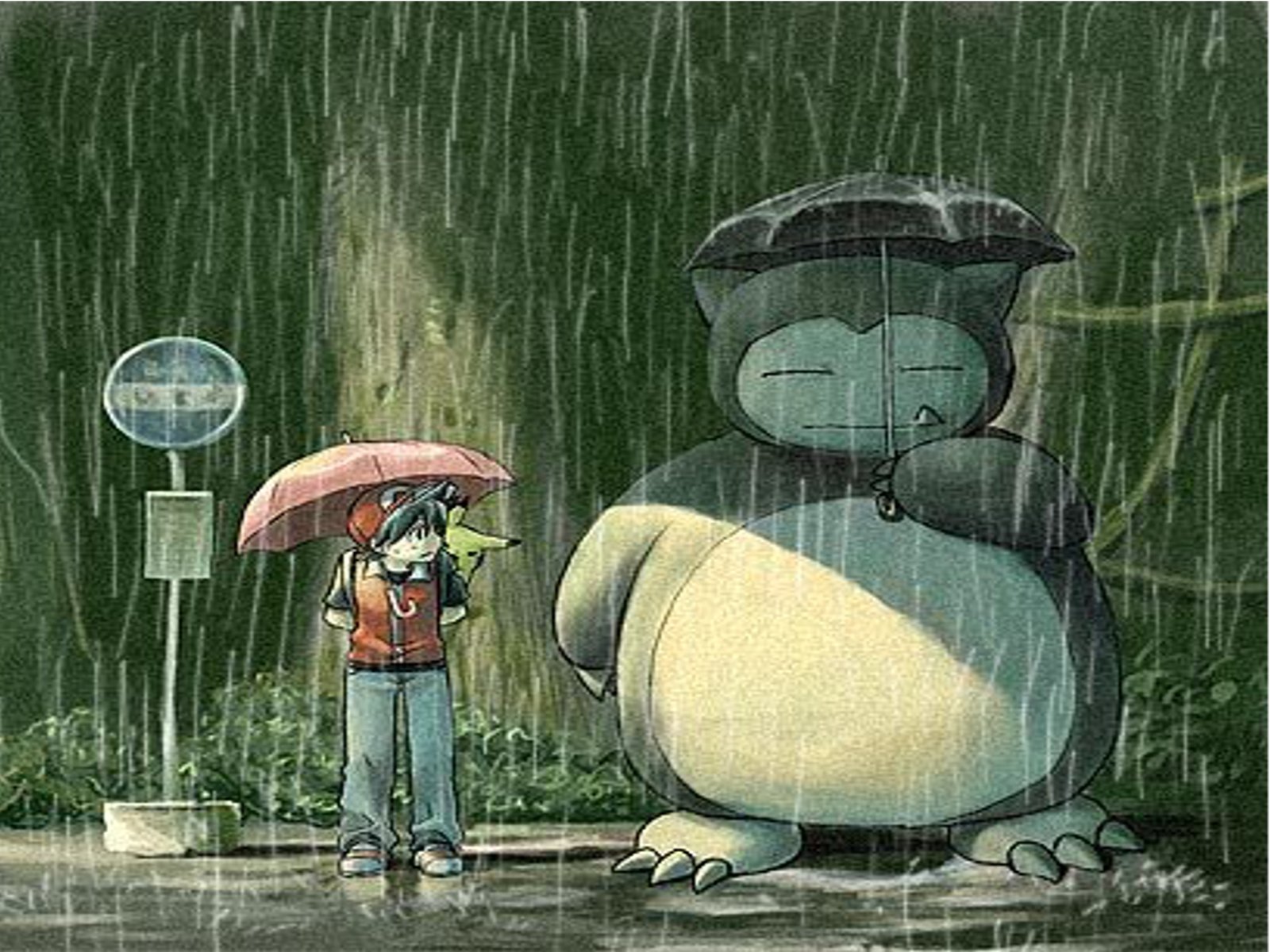 pokemon, Rain, Totoro, Parody, Snorlax, Bus, Stop, Umbrellas Wallpaper