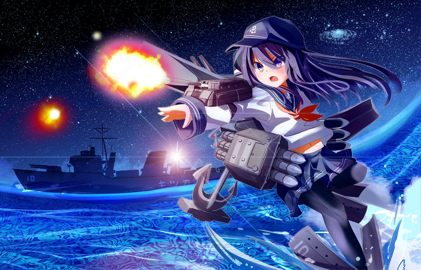 kantai, Collection, Akatsuki,  kancolle , Hat, Kantai, Collection, Kironxx, Stars, Water, Weapon Wallpaper
