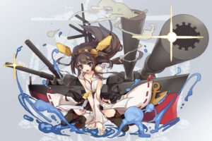 kantai, Collection, Breasts, Brown, Hair, Cleavage, Headband, Japanese, Clothes, Kongou,  kancolle , Long, Hair, Miko, Purple, Eyes, Skirt, Thighhighs, Torn, Clothes, Water, Yoshiwo