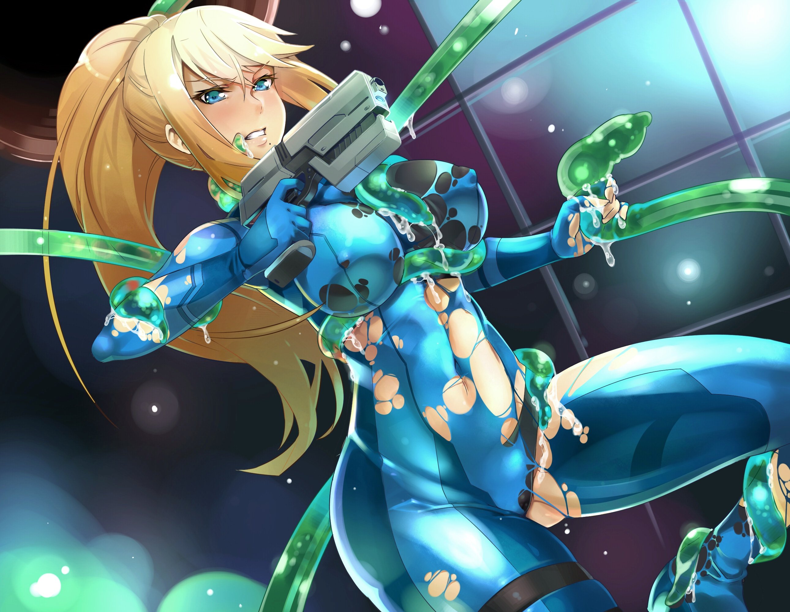 metroid, Blonde, Hair, Blue, Eyes, Bodysuit, Gun, Hijiri, Metroid