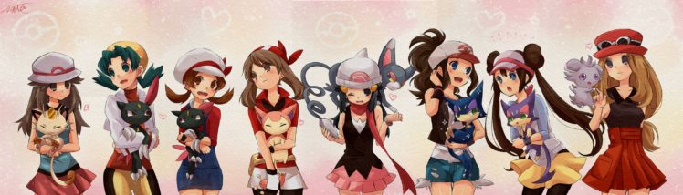 pokemon, Blue, Hair, Brown, Hair, Crystal, Espurr, Glameow, Green, Hair, Group, Hat, Heart, Kisaitu, Meowth, Pokemon, Purrloin, Scarf, Signed, Skirt, Skitty, Sneasel, Twintails HD Wallpaper Desktop Background