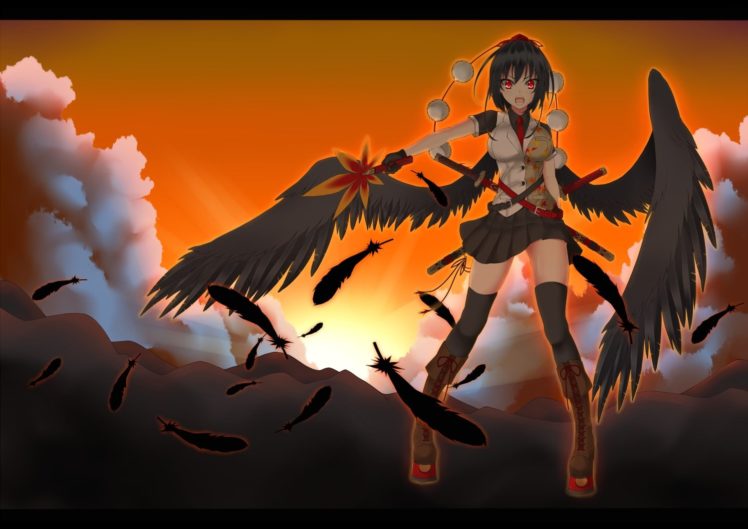touhou, Black, Hair, Boots, Clouds, Fan, Feathers, Gloves, Gmot, Hat ...