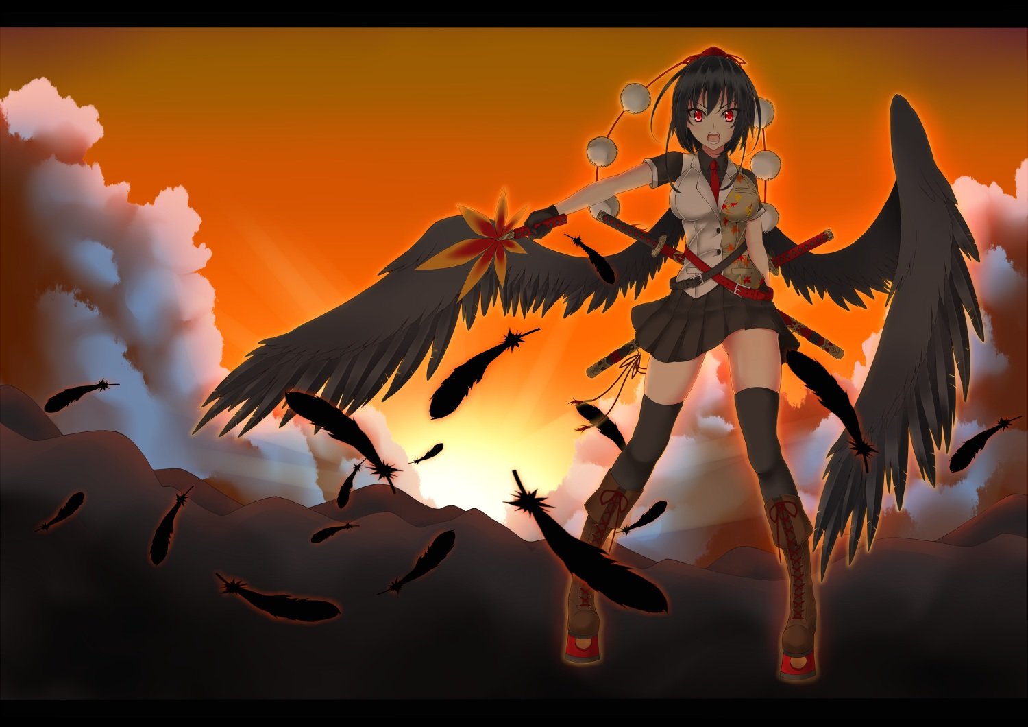 touhou, Black, Hair, Boots, Clouds, Fan, Feathers, Gloves, Gmot, Hat, Red, Eyes, Shameimaru, Aya, Short, Hair, Skirt, Sunset, Sword, Thighhighs, Tie, Touhou, Weapon, Wings Wallpaper