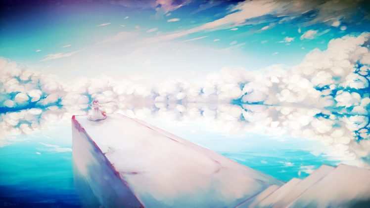 vocaloid, Clouds, Dress, Hat, Hatsune, Miku, Kabenekoneko, Long, Hair, Scenic, Sky, Stairs, Twintails, Vocaloid, Water, Watermark HD Wallpaper Desktop Background