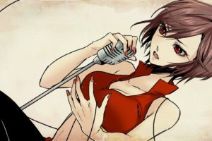 brunettes, Vocaloid, Cleavage, Red, Eyes, Short, Hair, Navel, Open, Mouth, String, Meiko, Simple, Background, Anime, Girls, Microphones, Fingernails, Nail, Polish, Collar, Bone, Bangs, Dutch, Angle, Bare, Should