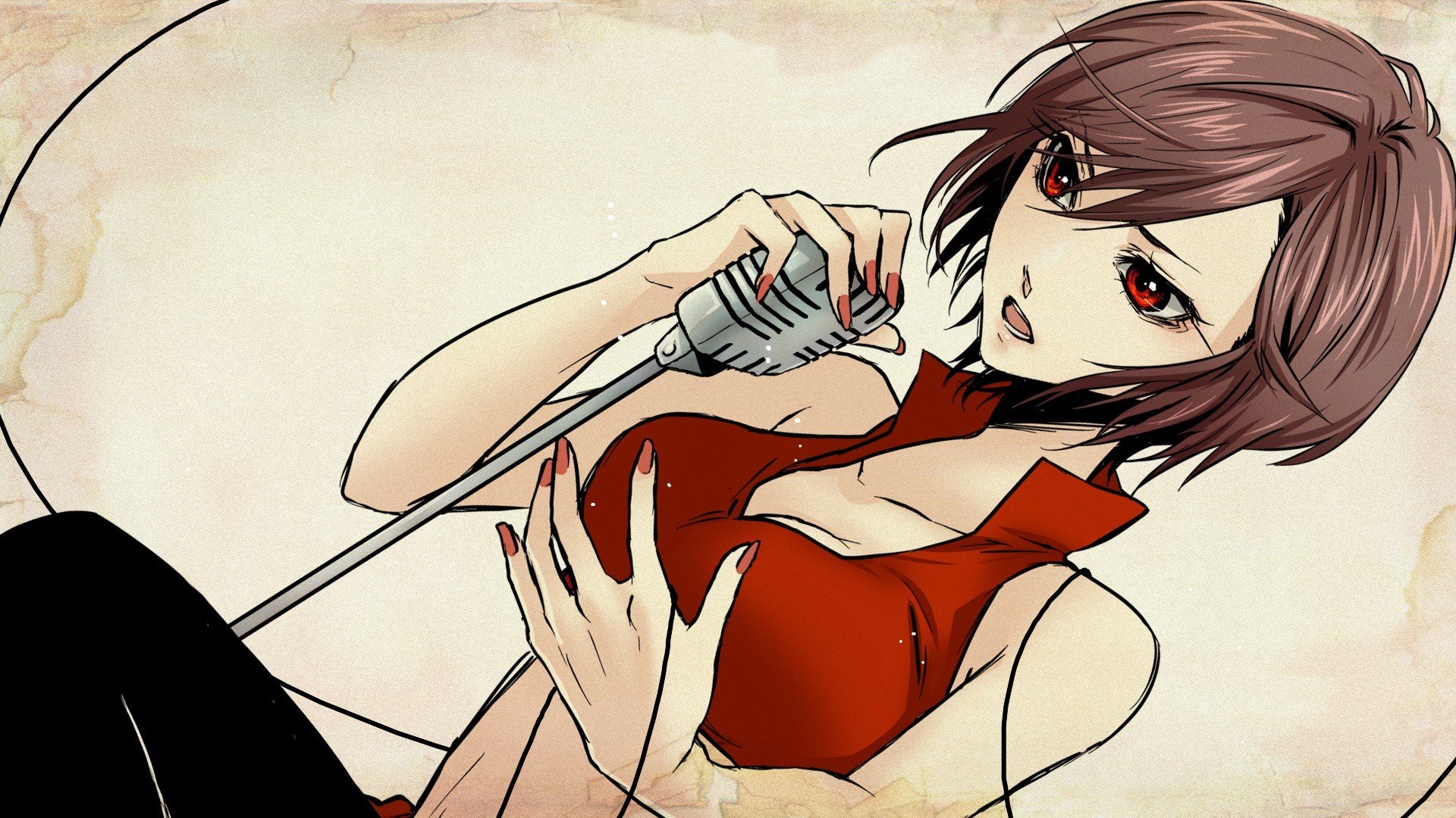 brunettes, Vocaloid, Cleavage, Red, Eyes, Short, Hair, Navel, Open, Mouth,  String, Meiko, Simple, Background, Anime, Girls, Microphones, Fingernails,  Nail, Polish, Collar, Bone, Bangs, Dutch, Angle, Bare, Should Wallpapers HD  / Desktop and