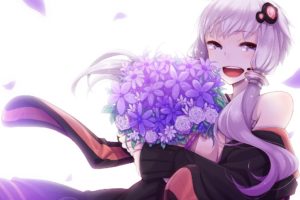 vocaloid, Flowers, Long, Hair, Purple, Hair, Animal, Ears, Twintails, Smiling, Open, Mouth, Purple, Eyes, Bouquet, Bunny, Ears, Flower, Petals, Simple, Background, Anime, Girls, White, Background, Hair, Ornament
