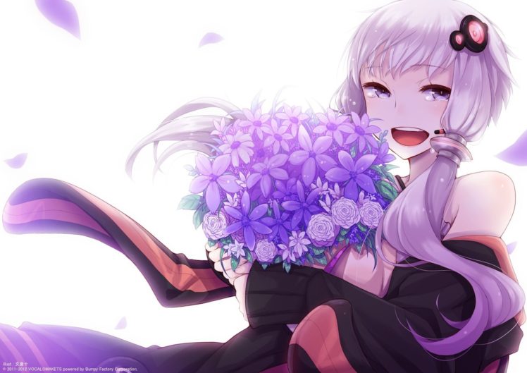 vocaloid, Flowers, Long, Hair, Purple, Hair, Animal, Ears, Twintails, Smiling, Open, Mouth, Purple, Eyes, Bouquet, Bunny, Ears, Flower, Petals, Simple, Background, Anime, Girls, White, Background, Hair, Ornament HD Wallpaper Desktop Background