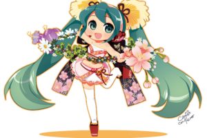 headphones, Vocaloid, Flowers, Stockings, Hatsune, Miku, Skirts, Chibi, Long, Hair, Green, Eyes, Thigh, Highs, Green, Hair, Wreath, Twintails, Blush, Open, Mouth, Sandals, Japanese, Clothes, Simple, Background,