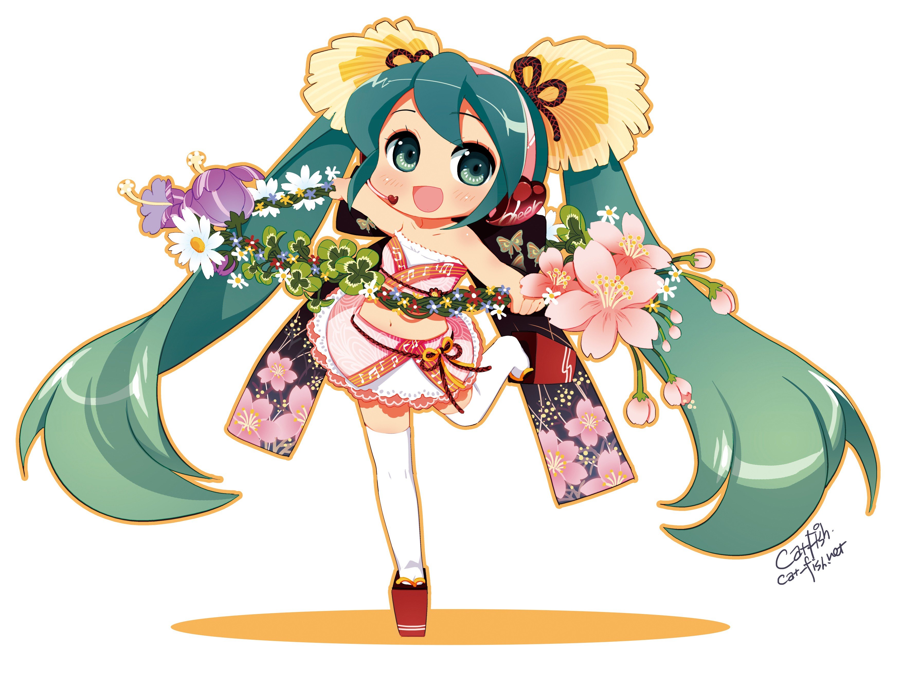 headphones, Vocaloid, Flowers, Stockings, Hatsune, Miku, Skirts, Chibi, Long, Hair, Green, Eyes, Thigh, Highs, Green, Hair, Wreath, Twintails, Blush, Open, Mouth, Sandals, Japanese, Clothes, Simple, Background, Wallpaper