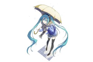 headphones, Vocaloid, Hatsune, Miku, Blue, Eyes, Skirts, Long, Hair, Blue, Hair, Shoes, Jackets, Thigh, Highs, Twintails, Bows, Water, Drops, Umbrellas, Scarfs, Simple, Background, Anime, Girls, White, Backgroun