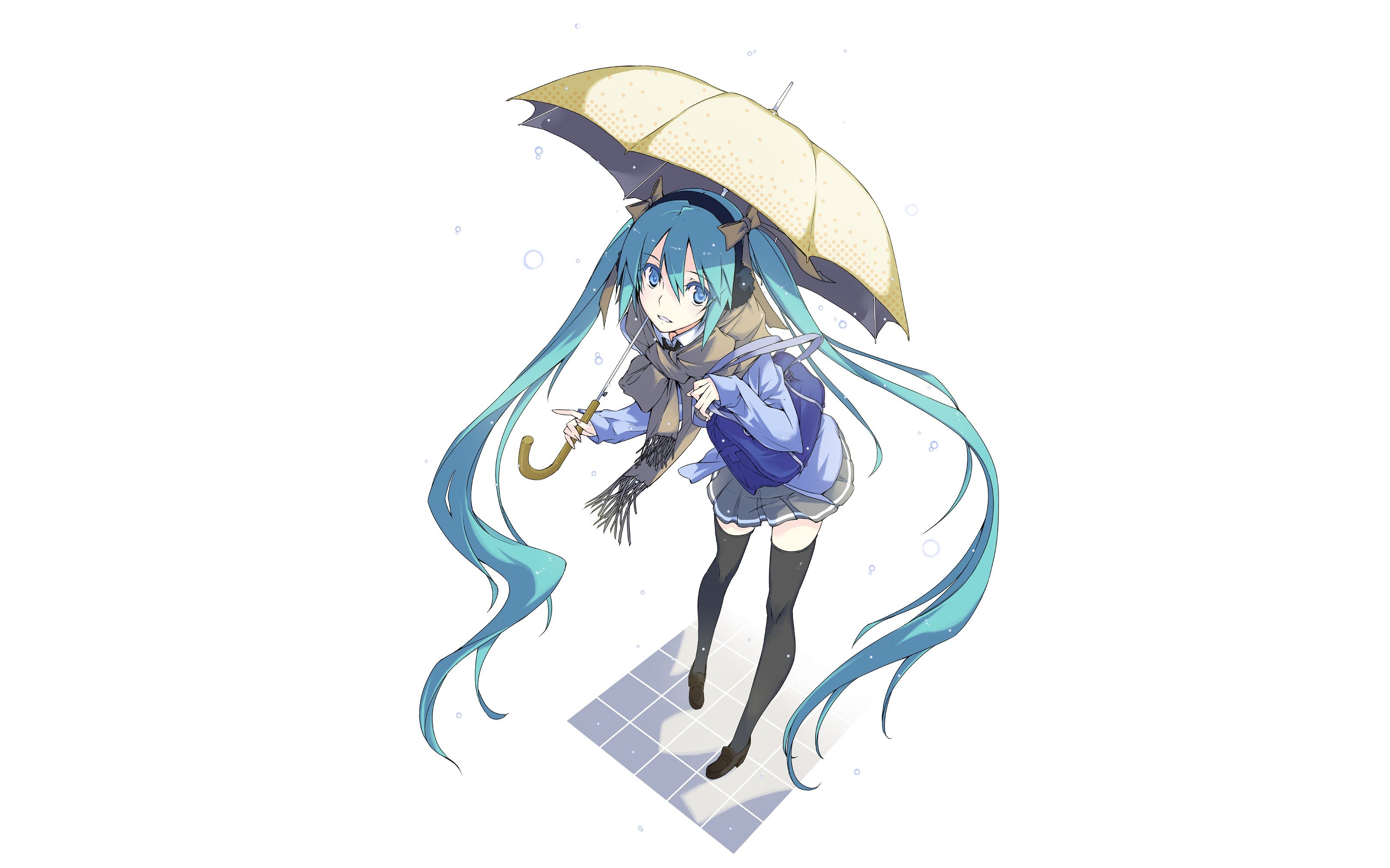 headphones, Vocaloid, Hatsune, Miku, Blue, Eyes, Skirts, Long, Hair, Blue, Hair, Shoes, Jackets, Thigh, Highs, Twintails, Bows, Water, Drops, Umbrellas, Scarfs, Simple, Background, Anime, Girls, White, Backgroun Wallpaper