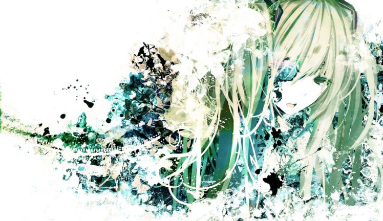 animal, Butterfly, Flowers, Green, Eyes, Green, Hair, Hatsune, Miku, Long, Hair, Ruuya, Higashino, Twintails, Vocaloid, White HD Wallpaper Desktop Background