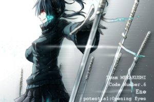 blue, Hair, Ene,  kagerou, Project , Headphones, Hukkyunzzz, Kagerou, Project, Red, Eyes, Skirt, Sword, Twintails, Weapon