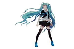 vocaloid, Hatsune, Miku, Tie, Skirts, Long, Hair, Blue, Hair, Shoes, Red, Eyes, Thigh, Highs, Twintails, Simple, Background, Anime, Girls, White, Background