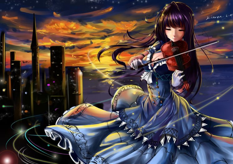 violin, Kinven, Dress, Anime, Girls, Original, Mood, City, Bikeh HD Wallpaper Desktop Background