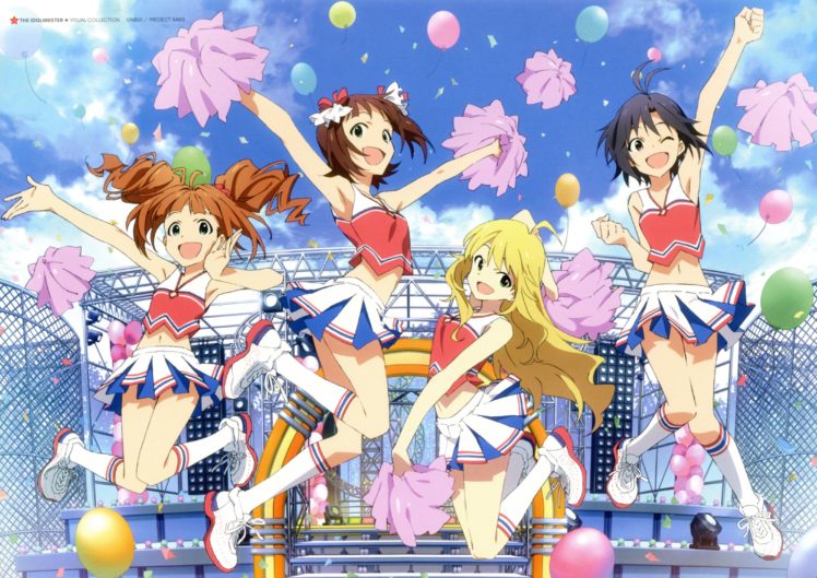skirts, Smiling, Anime, Hoshii, Miki, Amami, Haruka, Takatsuki, Yayoi, Kikuchi, Makoto, Idolmaster, Skies HD Wallpaper Desktop Background
