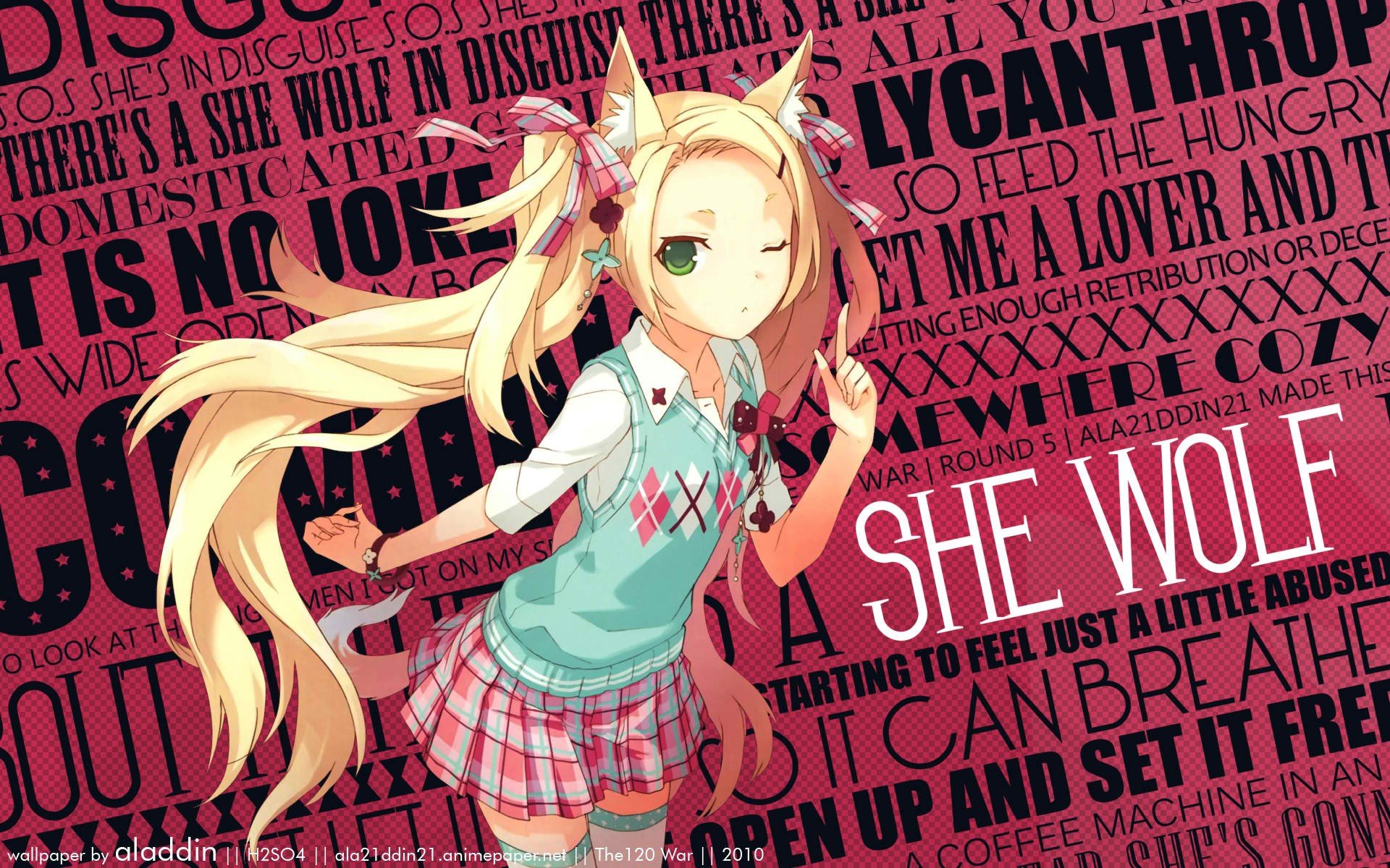 blondes, Women, Text, Schoolgirls, Long, Hair, Typography, Animal, Ears, Thigh, Highs, Twintails, Anime, Girls, H2so4,  illustrator , Original, Characters Wallpaper