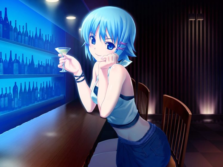 Indoors Blue Eyes Bar Blue Hair Wine Short Hair Game Cg Tropical Kiss Rikka Chairs Miniskirts Bracelets Anime Girls Koutaro Hair Ornaments Exposed Midriff Bare Shoulders Wallpapers Hd Desktop And Mobile