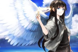 brunettes, Angels, Clouds, Wings, Long, Hair, Feathers, Fantasy, Art, Smiling, Anime, Anime, Girls, Skies