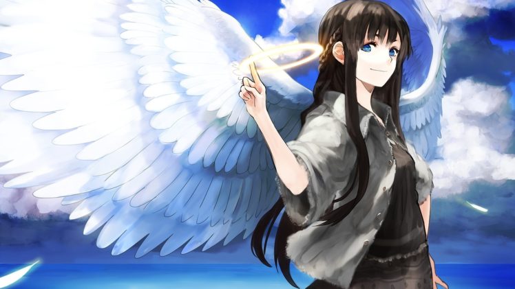 brunettes, Angels, Clouds, Wings, Long, Hair, Feathers, Fantasy, Art, Smiling, Anime, Anime, Girls, Skies HD Wallpaper Desktop Background