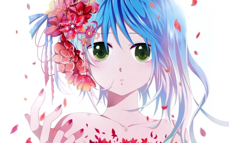 vocaloid, Flowers, Hatsune, Miku, Long, Hair, Blue, Hair, Green, Eyes, Flower, Petals, Simple, Background, Anime, Girls, White, Background, Nail, Polish, Hair, Ornaments, Flower, In, Hair, Bare, Shoulders HD Wallpaper Desktop Background