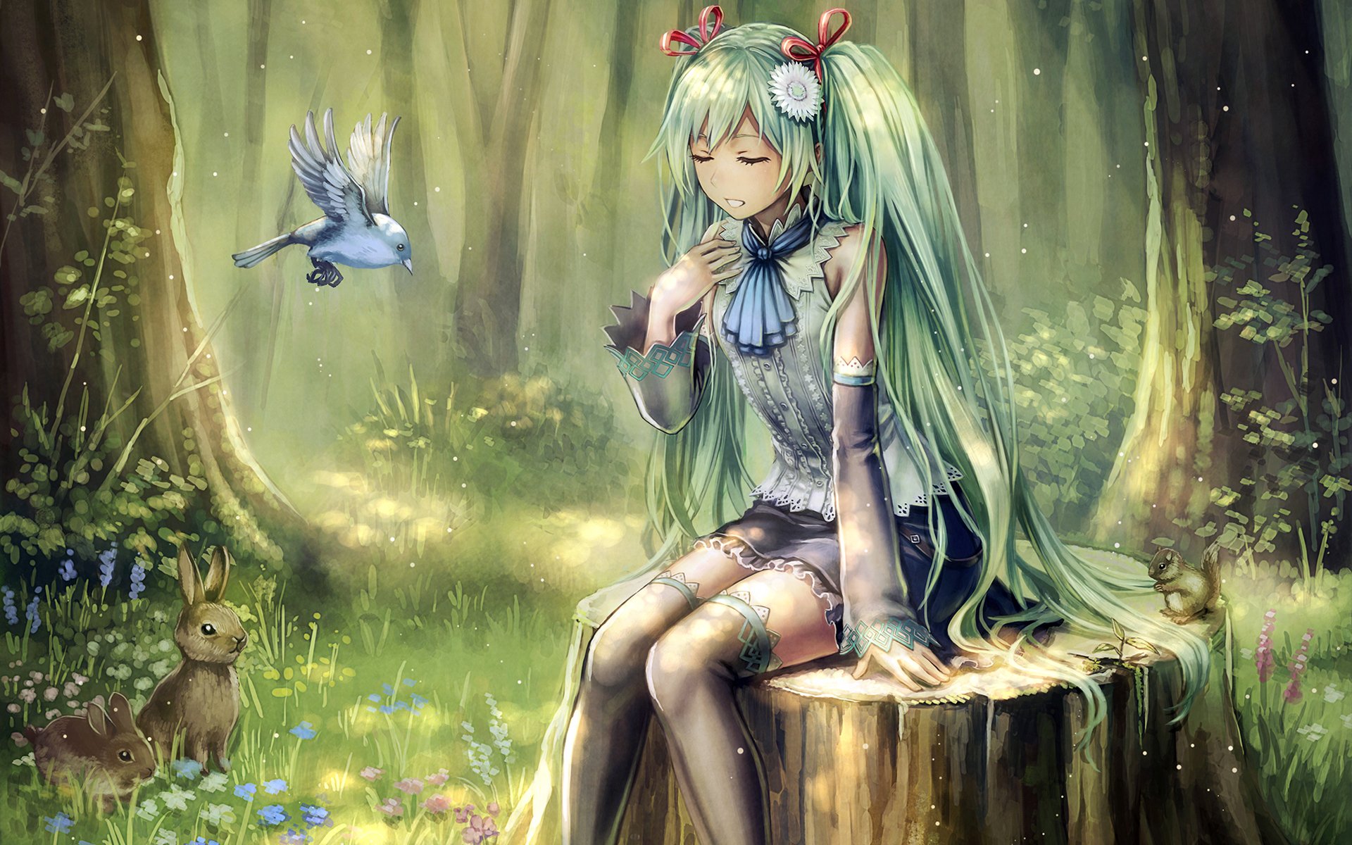 anbe, Yoshirou, Animal, Bird, Dress, Flowers, Forest, Grass, Green, Hair, Hatsune, Miku, Rabbit, Ribbons, Thighhighs, Tree, Twintails, Vocaloid Wallpaper