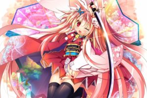 blondes, Long, Hair, Weapons, Kimono, Animal, Ears, Red, Eyes, Thigh, Highs, Open, Mouth, Anime, Wink, Japanese, Clothes, Anime, Girls, Swords
