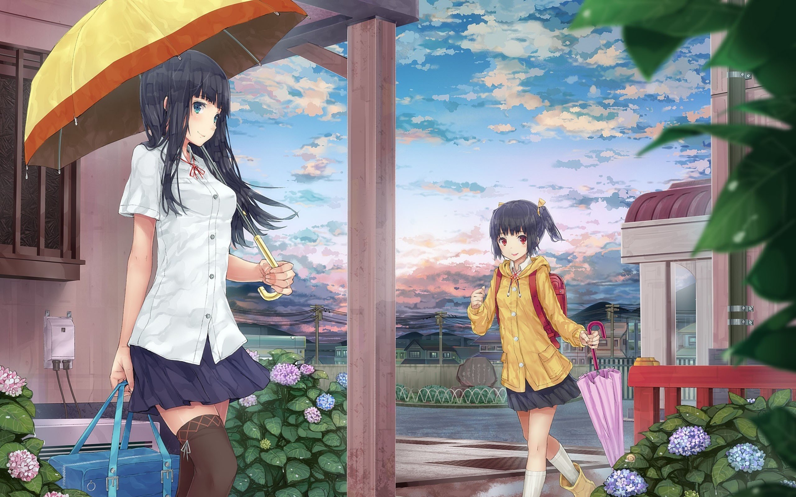 clouds, Rain, Flowers, School, Uniforms, Umbrellas, Anime, Girls, Sky, Upscaled Wallpaper