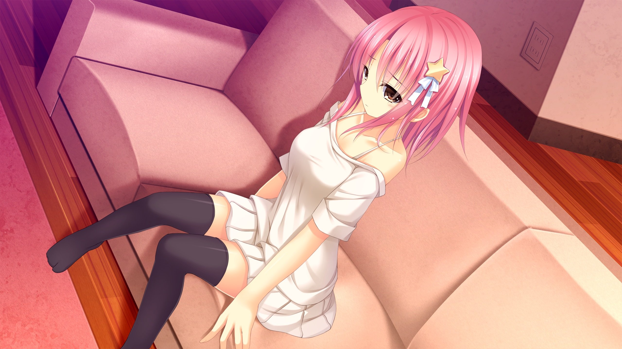 aihara, Yuzu, Brown, Eyes, Game, Cg, Kagura, Yuu, Otonari, Koi, Sensou, Pink, Hair, Short, Hair, Sugar, House, Thighhighs Wallpaper