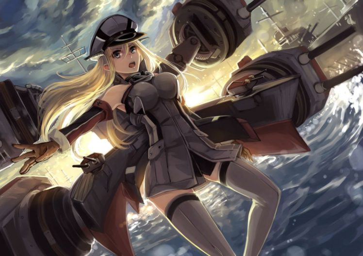blonde, Hair, Boat, Clouds, Combat, Vehicle, Elbow, Gloves, Gray, Eyes, Hat, Jpeg, Artifacts, Kantai, Collection, Ks, Long, Hair, Thighhighs, Uniform, Water HD Wallpaper Desktop Background