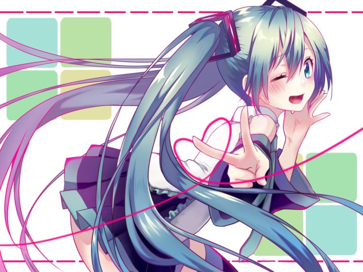 blue, Eyes, Blue, Hair, Blush, Hatsune, Miku, Hijiri ssh, Long, Hair, Skirt, Thighhighs, Tie, Twintails, Vocaloid, Wink HD Wallpaper Desktop Background