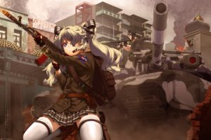 boots, Building, City, Fire, Gloves, Goggles, Gun, Long, Hair, Military, Original, Purple, Eyes, Ribbons, Ruins, Skirt, Thighhighs, Twintails, Uniform, Weapon, White, Hair