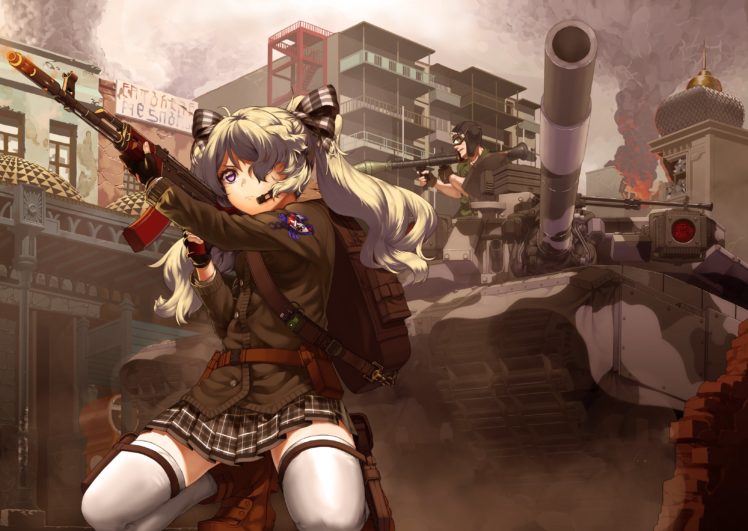 boots, Building, City, Fire, Gloves, Goggles, Gun, Long, Hair, Military, Original, Purple, Eyes, Ribbons, Ruins, Skirt, Thighhighs, Twintails, Uniform, Weapon, White, Hair HD Wallpaper Desktop Background