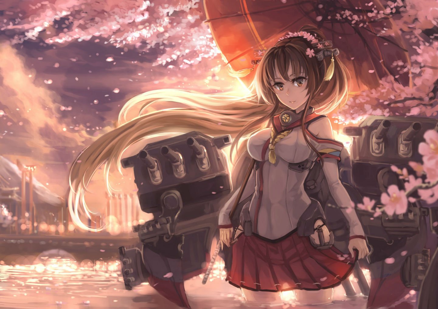 brown, Hair, Cherry, Blossoms, Flowers, Headband, Kantai, Collection, Ks, Long, Hair, Petals, Skirt, Umbrella, Water, Yamato,  kancolle Wallpaper