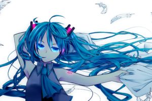 headphones, Tattoos, Vocaloid, Hatsune, Miku, Blue, Eyes, Long, Hair, Feathers, Twintails, Aqua, Hair, Simple, Background, Anime, Girls, Hair, Ornaments, Bed, Sheets