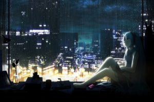 headphones, Water, Clouds, Cityscapes, Dark, Vocaloid, Night, Lights, Rain, Flowers, Hatsune, Miku, Wet, Skirts, Cups, Long, Hair, Window, Barefoot, Lamps, Books, Skyscapes, Anime, Girls, Vase, Mp3, Player